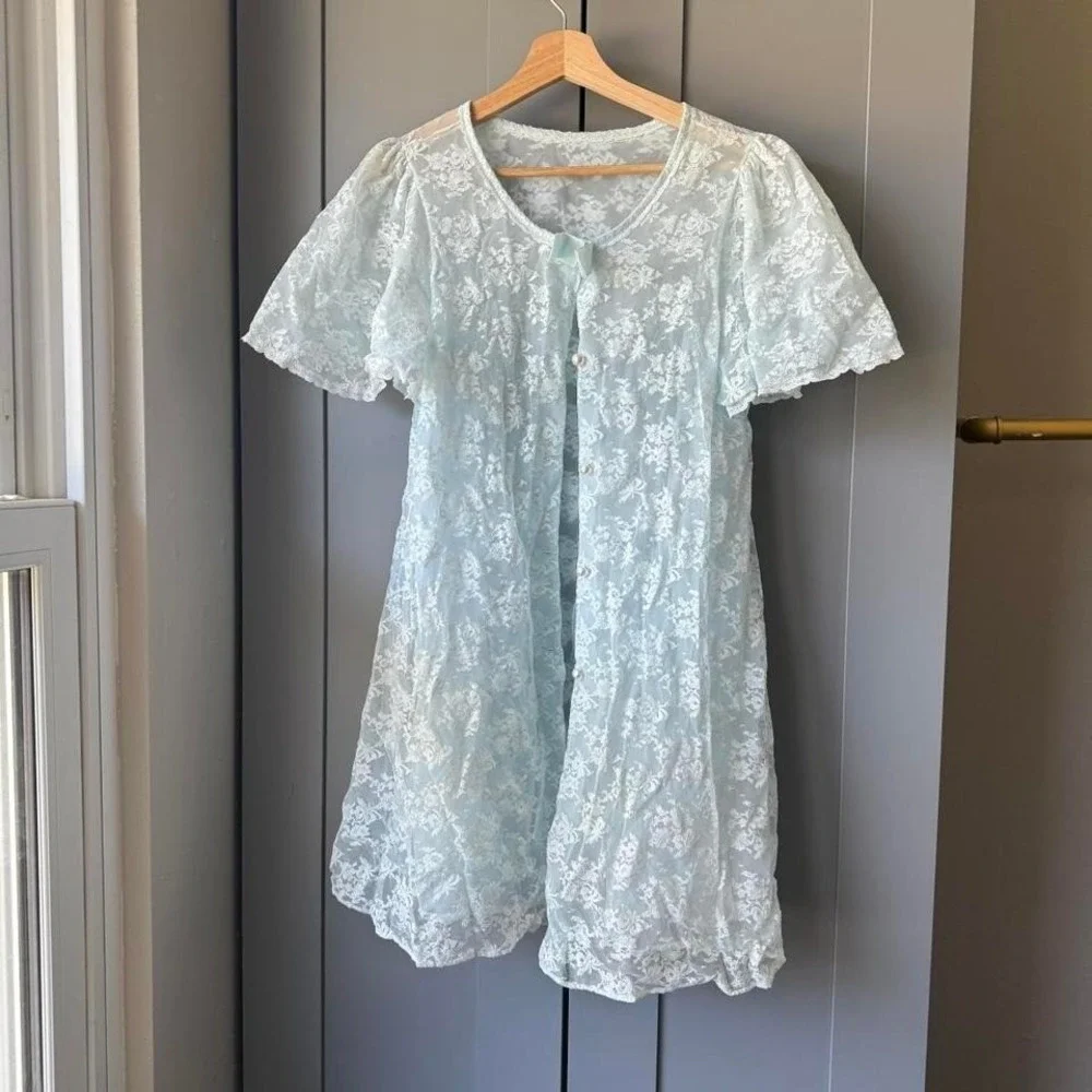 Shadowline Women's Sheer Lace Robe Light Blue Small Vintage Nylon